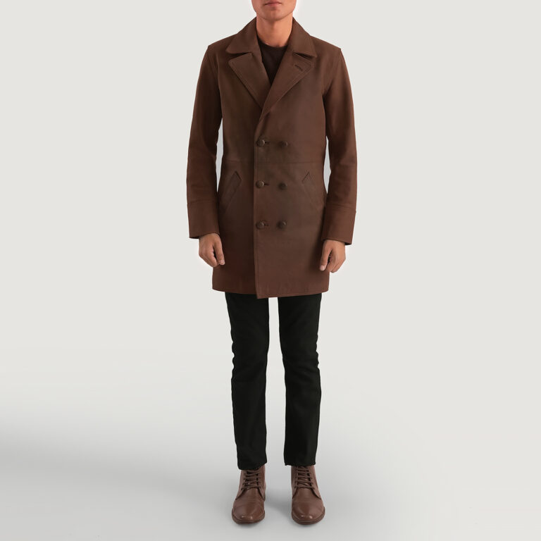 Mens Half Life Brown Leather Coat Full Length-2-1701086941952
